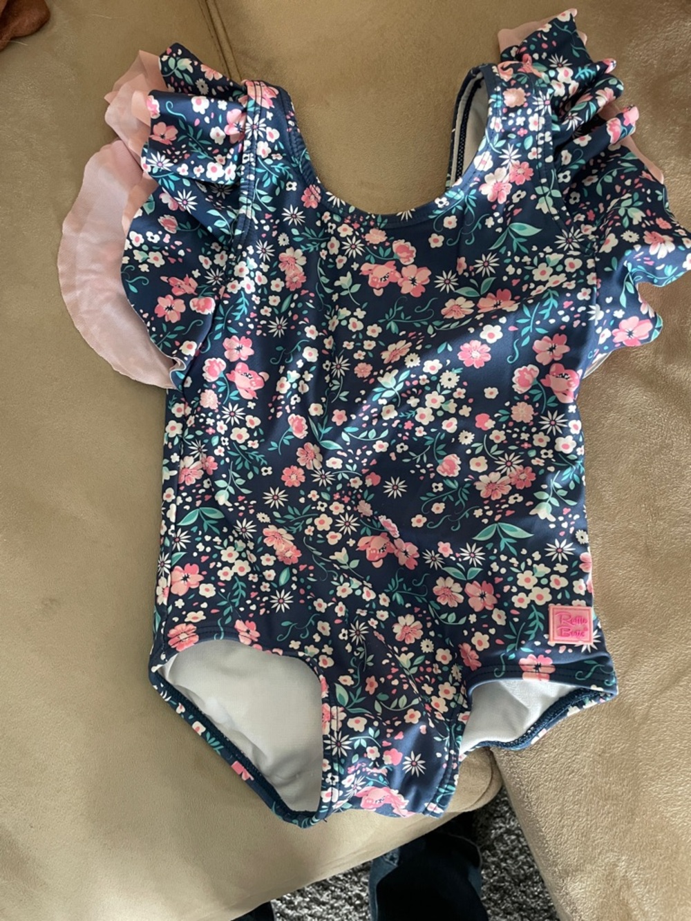 Navy Floral Ruffle One-Piece Swimsuit - Pink & White Flowers ruffle butt